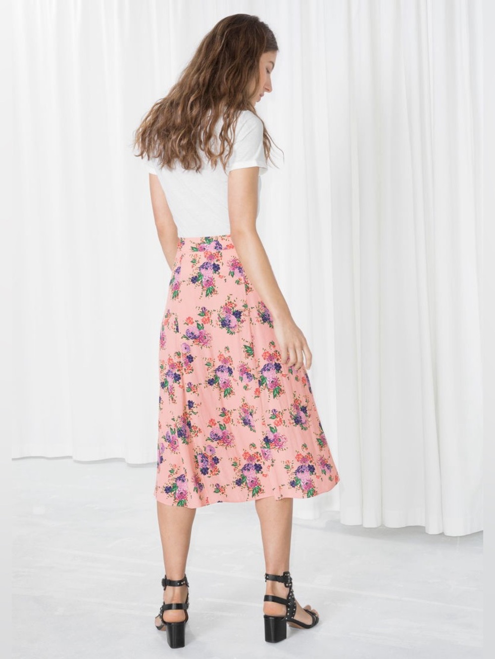 & Other Stories Peach Floral A-Line midi Skirt - Picture 3 of 9
